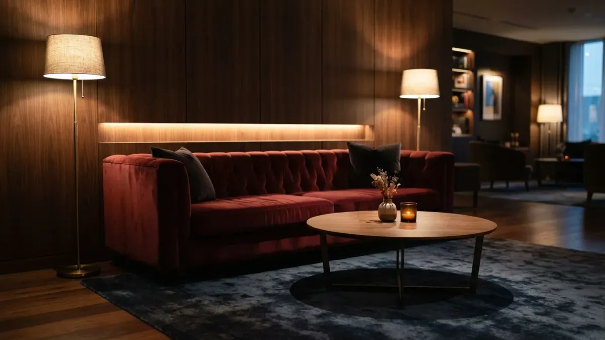 Modern empty lounge room interior with sleek sofa and soft table lighting